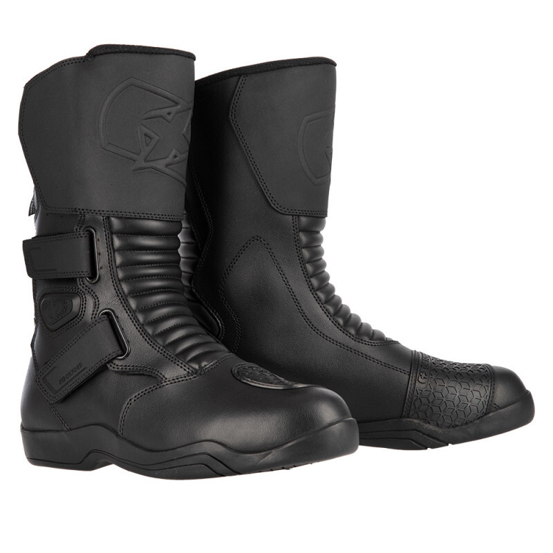 Black leather motorcycle boots featuring a textured panel, adjustable Velcro straps, and reinforced toe and heel for added protection.