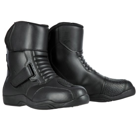 Black waterproof short boots by Oxford, featuring a sleek design, textured panels, and a secure strap closure, in size 44 EU.