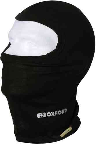 Black Oxford Deluxe Merino balaclava made from soft merino wool, featuring a snug fit and a logo on the front, designed for warmth and comfort in cold weather.