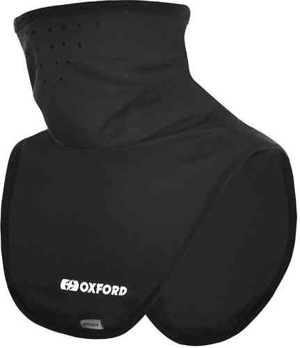 Black Oxford Deluxe Micro Fibre neck tube made from soft, breathable material, featuring perforations for ventilation and a logo on the front.