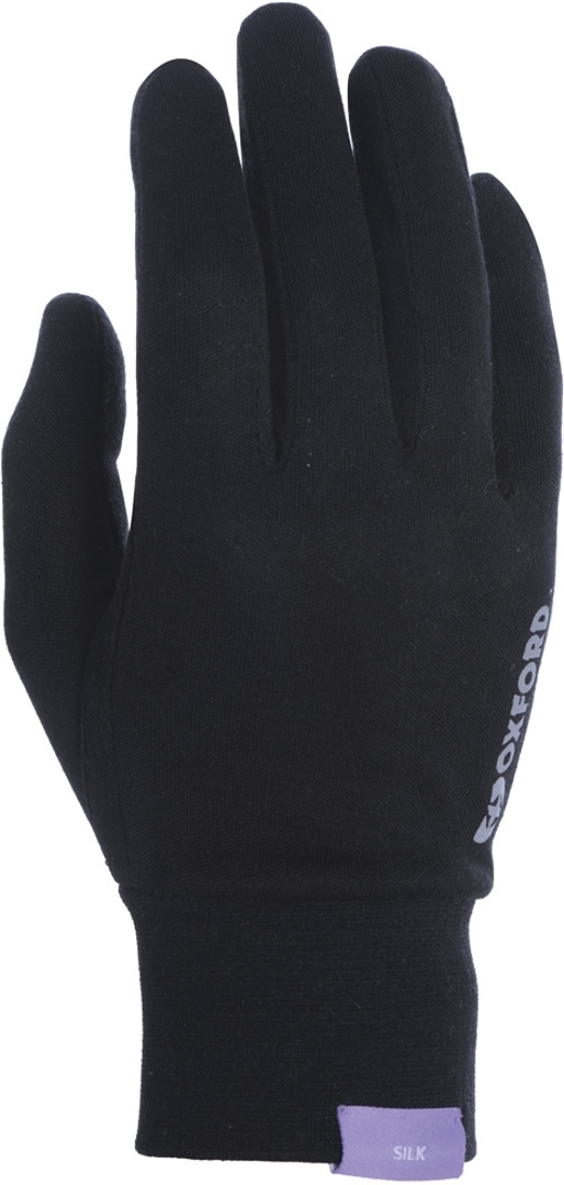 Black silk under gloves in size S/M, featuring a snug fit and a subtle logo on the wrist, ideal for added warmth and comfort.