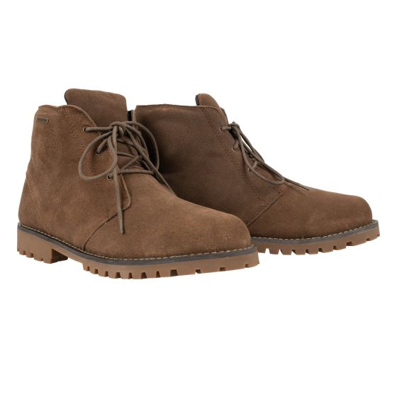 Brown suede half motorcycle boots with lace-up design, featuring a rugged sole and stitched detailing for durability and style.
