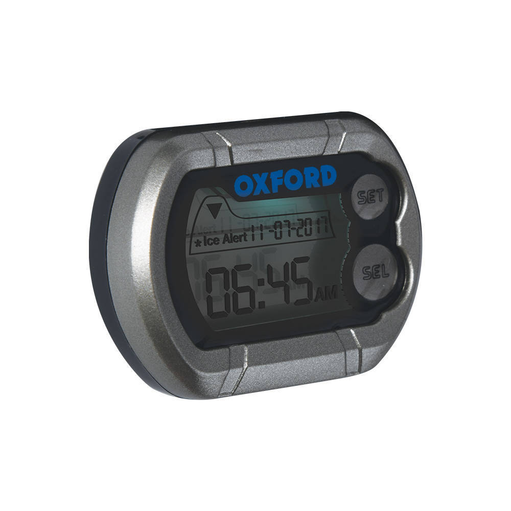 Black digital clock with a gray frame, featuring a clear LCD display showing the time as 6:45 AM, and buttons labeled "SET" and "SEL" for adjustments.