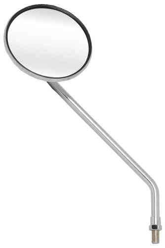 Round, chrome-finished mirror with a long, angled arm and a threaded base, designed for mounting on vehicles or bikes, offering a sleek and reflective surface.