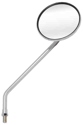 Round, silver OXFORD OX568 mirror with a black rim, mounted on a curved metal arm, designed for motorcycle or bicycle use, featuring a reflective surface.