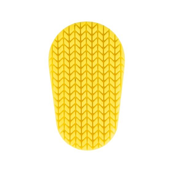 Yellow rubber hip protector insert with a textured tread pattern, designed for impact absorption, featuring a contoured shape for comfort and fit, labeled as Oxford Dynamic 2.0 Level 2.