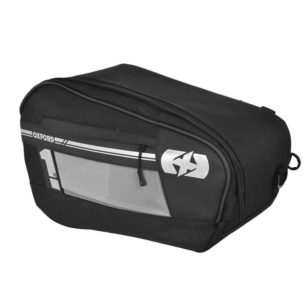 Black OXFORD OL444 luggage bag with a sleek design, featuring a transparent front pocket, silver logo, and durable material, ideal for travel or storage.