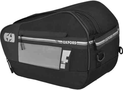 Black Oxford OL445 luggage bag with a sleek design, featuring a gray front pocket, multiple zippered compartments, and a sturdy handle for easy transport.
