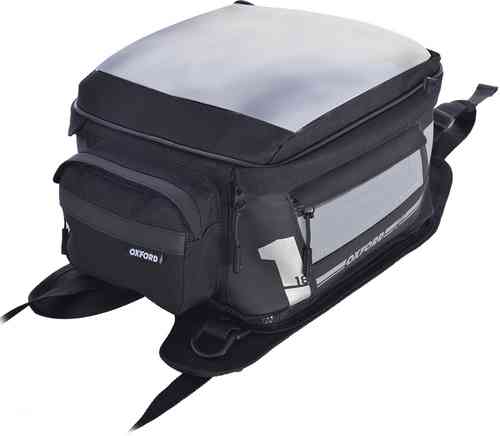 Black Oxford F1 18 liters strap-on tank bag featuring a sleek design, reflective top, multiple compartments, and adjustable straps for secure attachment.
