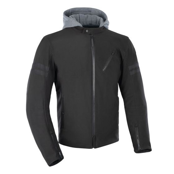 Black and grey waterproof textile jacket with a hood, featuring a zippered front, side pockets, and subtle stripe detailing on the sleeves, size L.