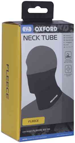 Black fleece neck warmer in packaging, labeled "Oxford Neck Tube," featuring a one-size design and a logo on the side, ideal for warmth and comfort.