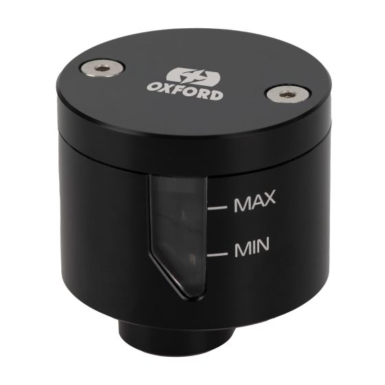 Black aluminum brake fluid reservoir with a transparent window showing fluid levels, marked with "MAX" and "MIN," featuring a silver Oxford logo on the top.
