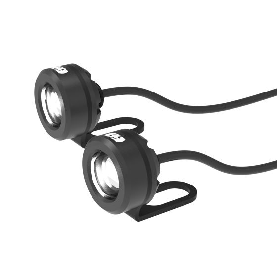 Black dual marker lights with a sleek design, featuring a round lens and adjustable mounting brackets, connected by a flexible wire for easy installation.
