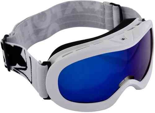 Glossy white junior goggles with a blue tinted lens, featuring a comfortable black foam lining and an adjustable strap with a logo on the side.