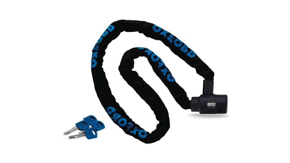 Black cable lock with blue "OXFORD" branding, featuring a sturdy lock mechanism and two matching blue keys, designed for secure bike protection.