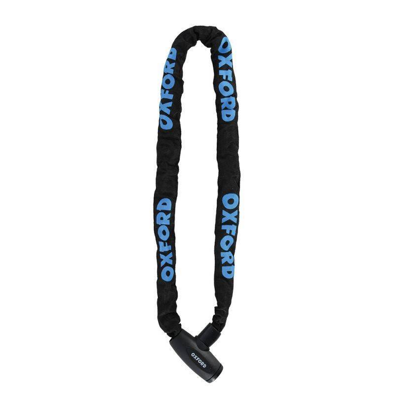 Black chain lock with a protective sleeve, featuring blue "OXFORD" branding along the length, designed for secure locking of bicycles and other items.