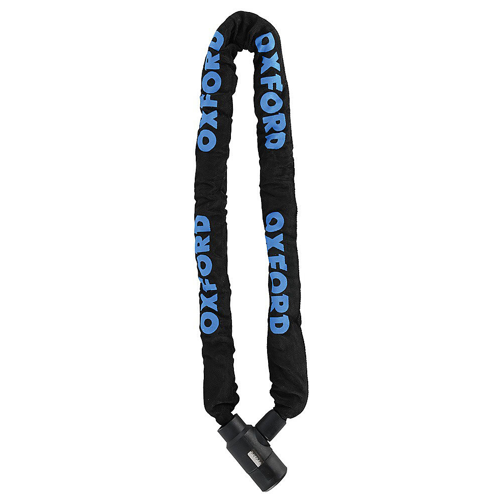 Black chain lock with a protective sleeve, featuring blue "OXFORD" branding, designed for security with a sturdy locking mechanism at one end.
