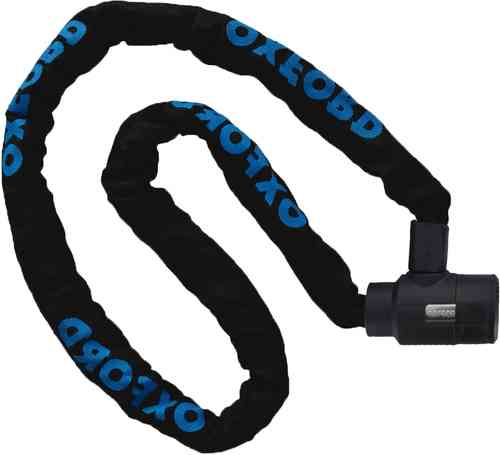 Black chain lock with a protective sleeve, featuring blue "OXFORD" branding, and a sturdy locking mechanism at one end.