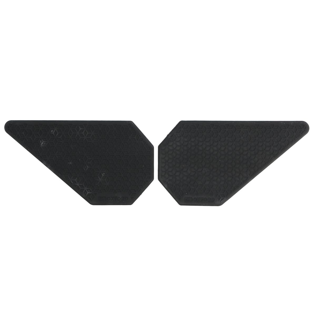 Black rubber tank grips with a textured hexagonal pattern, designed for enhanced grip on motorcycle tanks, featuring a contoured shape for easy application.