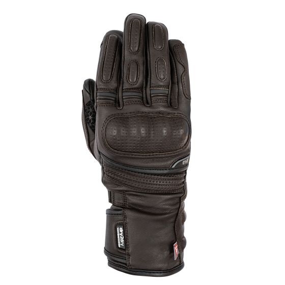 Brown leather motorcycle gloves featuring a padded design, knuckle protection, and adjustable wrist strap for a secure fit.