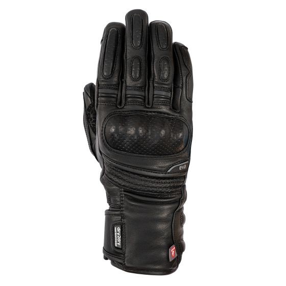 Black leather motorcycle glove featuring protective knuckle armor, padded palm, and a sleek design, ideal for ladies with Dry2Dry technology for moisture management.