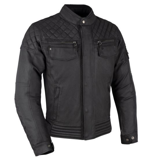 Black Oxford Hardwick Motorcycle Jacket in size S, featuring a quilted shoulder design, two front zip pockets, and a classic collar for a stylish, durable look.