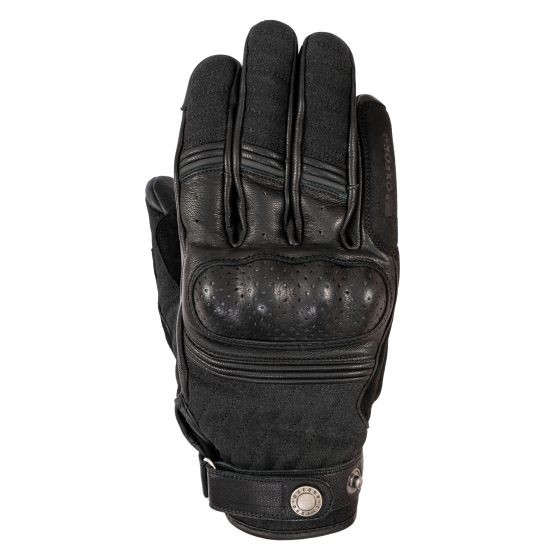 Black Oxford Hardy motorcycle gloves in XXL, featuring a durable leather palm, padded knuckles, and a secure wrist strap for enhanced protection and comfort.