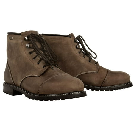 Brown leather motorcycle boots with a rugged design, featuring a lace-up front, reinforced toe, and durable rubber sole, sized 45 (UK 11) by Oxford.