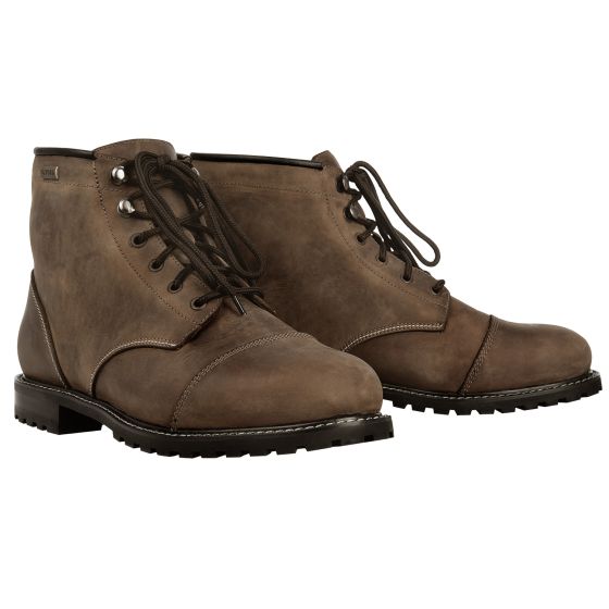 Brown leather motorcycle boots with a rugged sole, featuring a lace-up design, padded collar, and reinforced toe, size 40 (UK 6.5) by Oxford.