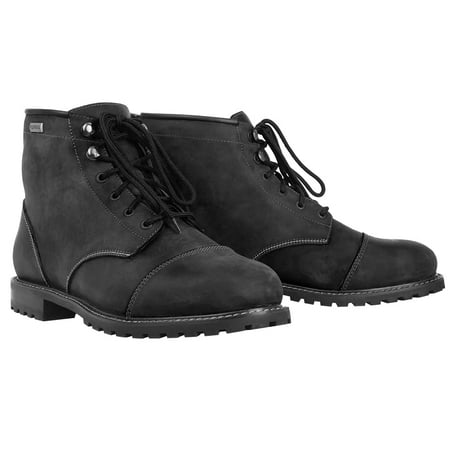 Charcoal grey leather motorcycle boots with a lace-up front, padded collar, and rugged sole, featuring a classic design suitable for riding.