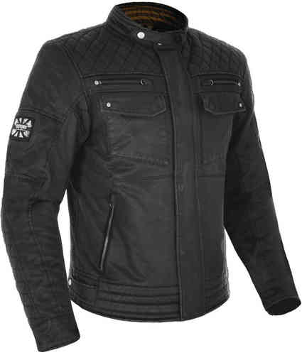 Black Oxford Hardy Wax Motorcycle Jacket, featuring a quilted design, two front pockets, a high collar, and a stylish emblem on the sleeve, made from durable waxed material.