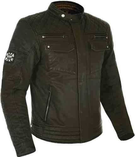 Olive green Oxford Hardy Wax motorcycle jacket in size 42, featuring a quilted design, zippered pockets, and a stylish patch on the left sleeve.