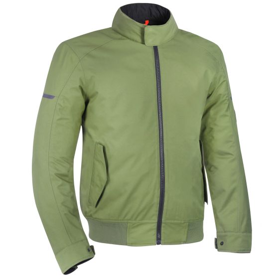 Green Oxford Harrington motorcycle jacket in size XL, featuring a zip front, high collar, and side pockets, made from durable material for protection and style.