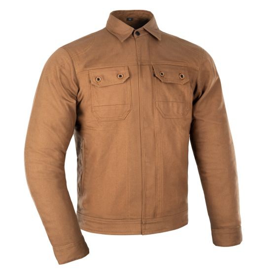 Tan motorcycle jacket made of durable material, featuring a collared neck, two chest pockets with snap closures, and a sleek, fitted design.