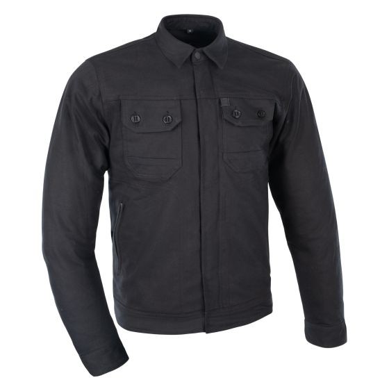 Black Oxford Original Approved AAA Heist Motorcycle Jacket in size S, featuring a button-up front, two chest pockets, and a durable fabric designed for protection and style.