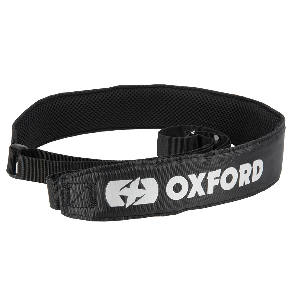 Black Oxford motorcycle helmet lid strap made from durable material, featuring a padded design for comfort and an adjustable buckle for secure fastening.
