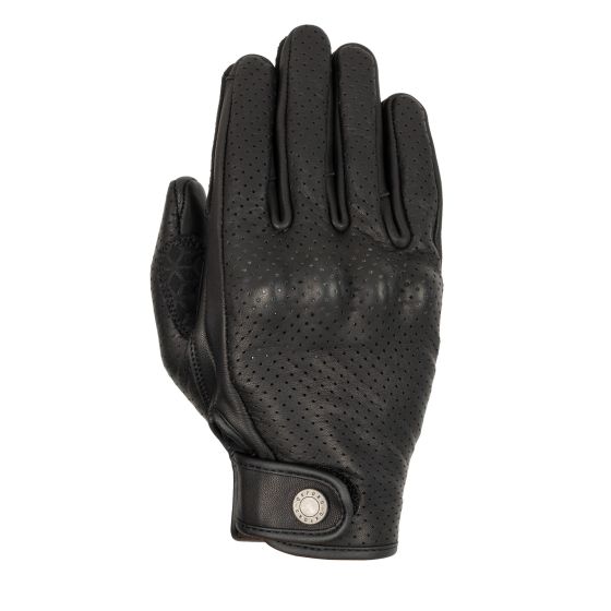 Black leather motorcycle gloves featuring perforated detailing, a snug fit, and a stylish snap closure at the wrist for added security.