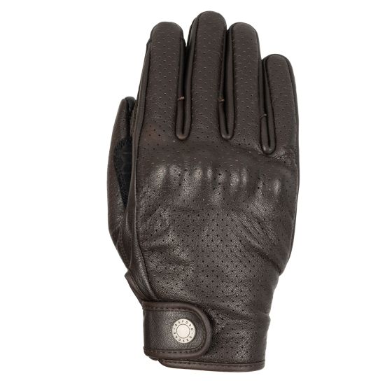 Brown leather motorcycle gloves with perforated design, featuring a secure wrist strap and a comfortable fit, designed for XL size.