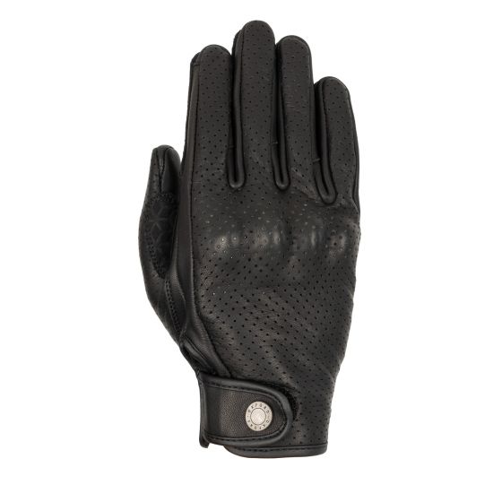 Black leather motorcycle gloves for ladies with perforated design, featuring a secure wrist closure and subtle branding detail.