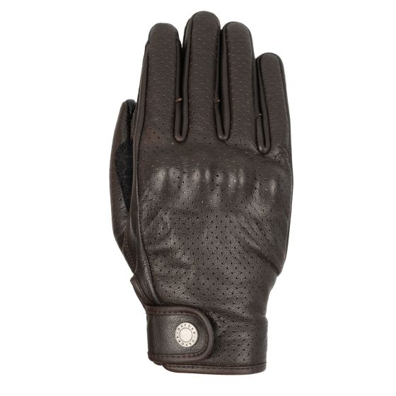 Brown leather motorcycle glove with perforated design, featuring a secure wrist strap and a stylish button detail, designed for ladies by Oxford.