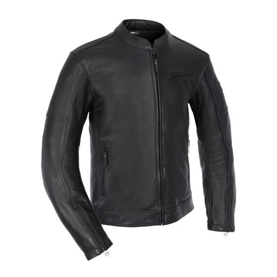 Black XXL Oxford Henlow leather jacket featuring a sleek design, stand-up collar, zippered front, and two side pockets for a stylish and functional look.