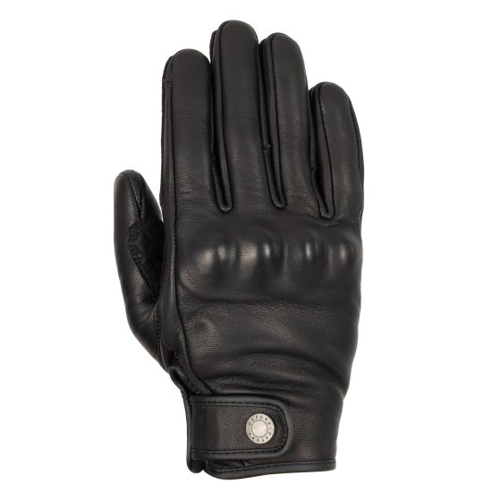 Black leather motorcycle gloves in XXL size featuring a sleek design, padded knuckles, and a snap closure for a secure fit.