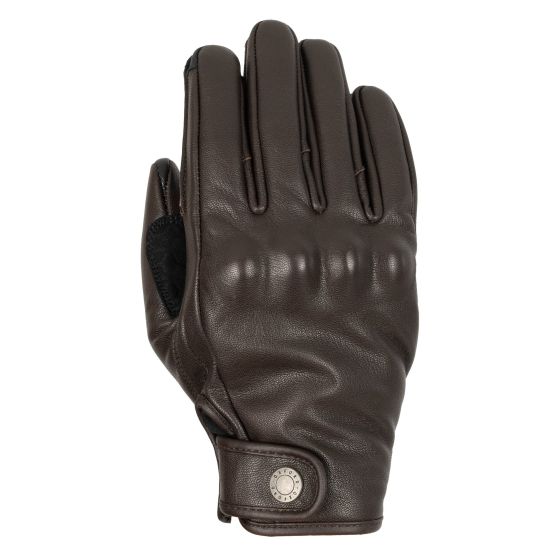 Brown leather motorcycle gloves with a sleek design, featuring three prominent seams on the back, padded knuckles, and a snap closure for a secure fit.