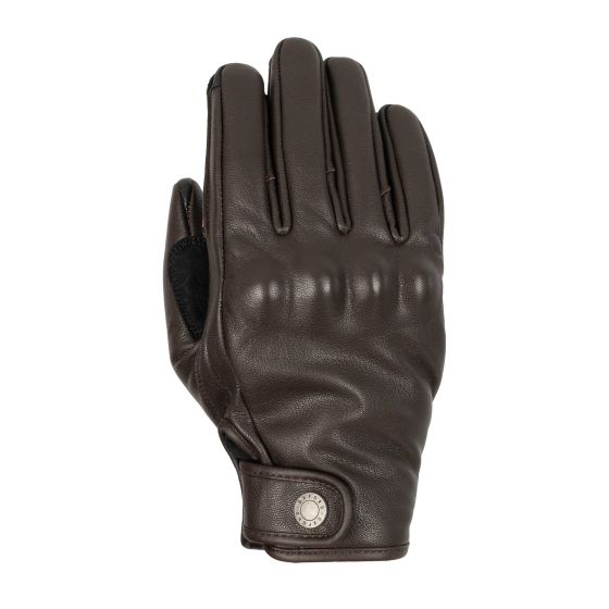 Brown leather motorcycle gloves with a sleek design, featuring four fingers, padded knuckles, and a snap button detail on the wrist.