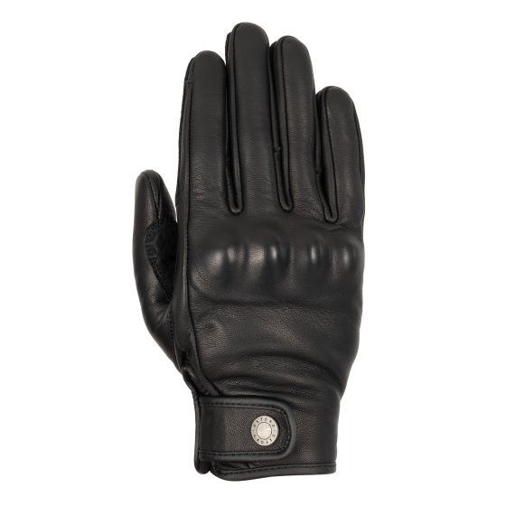 Black leather motorcycle gloves for ladies, featuring a sleek design, padded knuckles, and a wrist strap with a metal snap for secure fit.