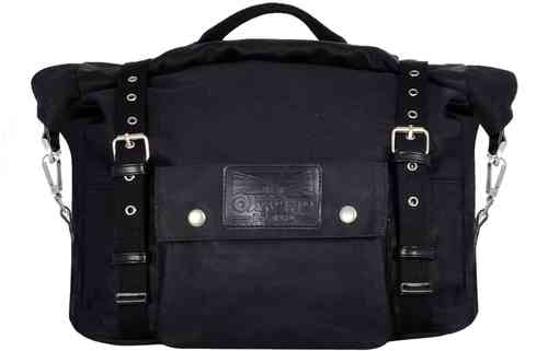 Black 40L Oxford Heritage motorcycle panniers made from durable material, featuring a top handle, adjustable straps, and a front pocket with a branded patch.
