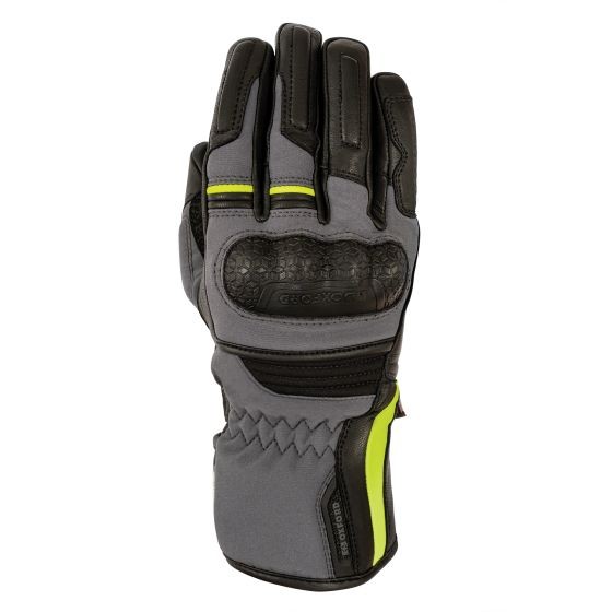 Grey and black motorcycle gloves with a textured palm, reflective yellow accents, and padded knuckles, designed for ladies and featuring a Dry2Dry waterproof lining.