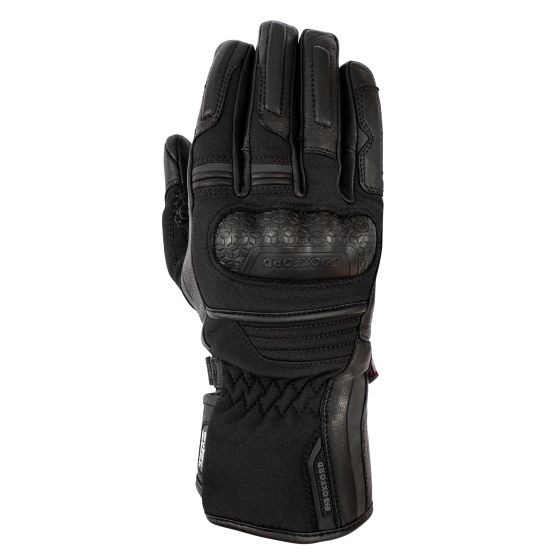 Black leather gloves featuring a waterproof design, textured grip panels, and insulated lining, ideal for ladies, with a snug fit and reinforced knuckles for added protection.