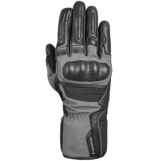 Grey and black motorcycle gloves with padded knuckles, leather and textile materials, and a snug fit designed for protection and comfort while riding.