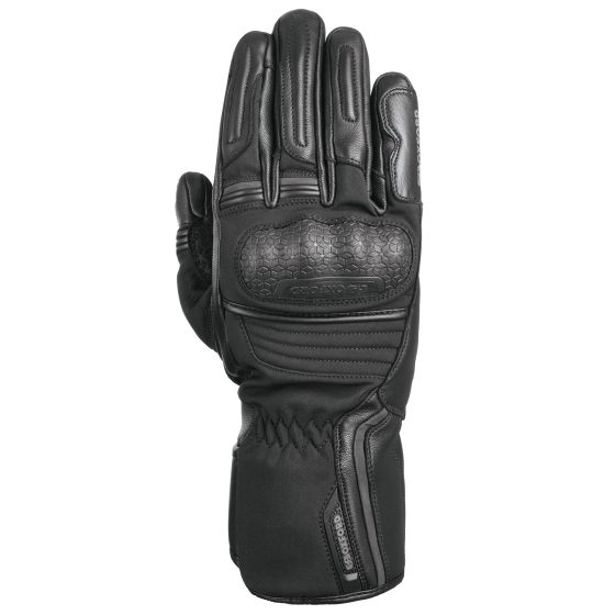 Black leather motorcycle gloves featuring padded knuckles, a textured grip, and elastic wrist for a snug fit, designed for protection and comfort.